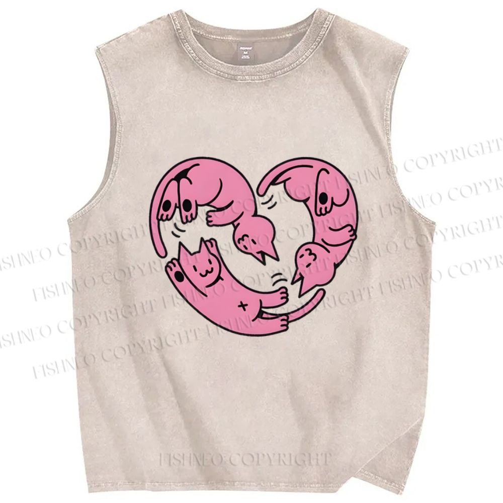 Unisex Pink Cat Printed Washed Tank Top
