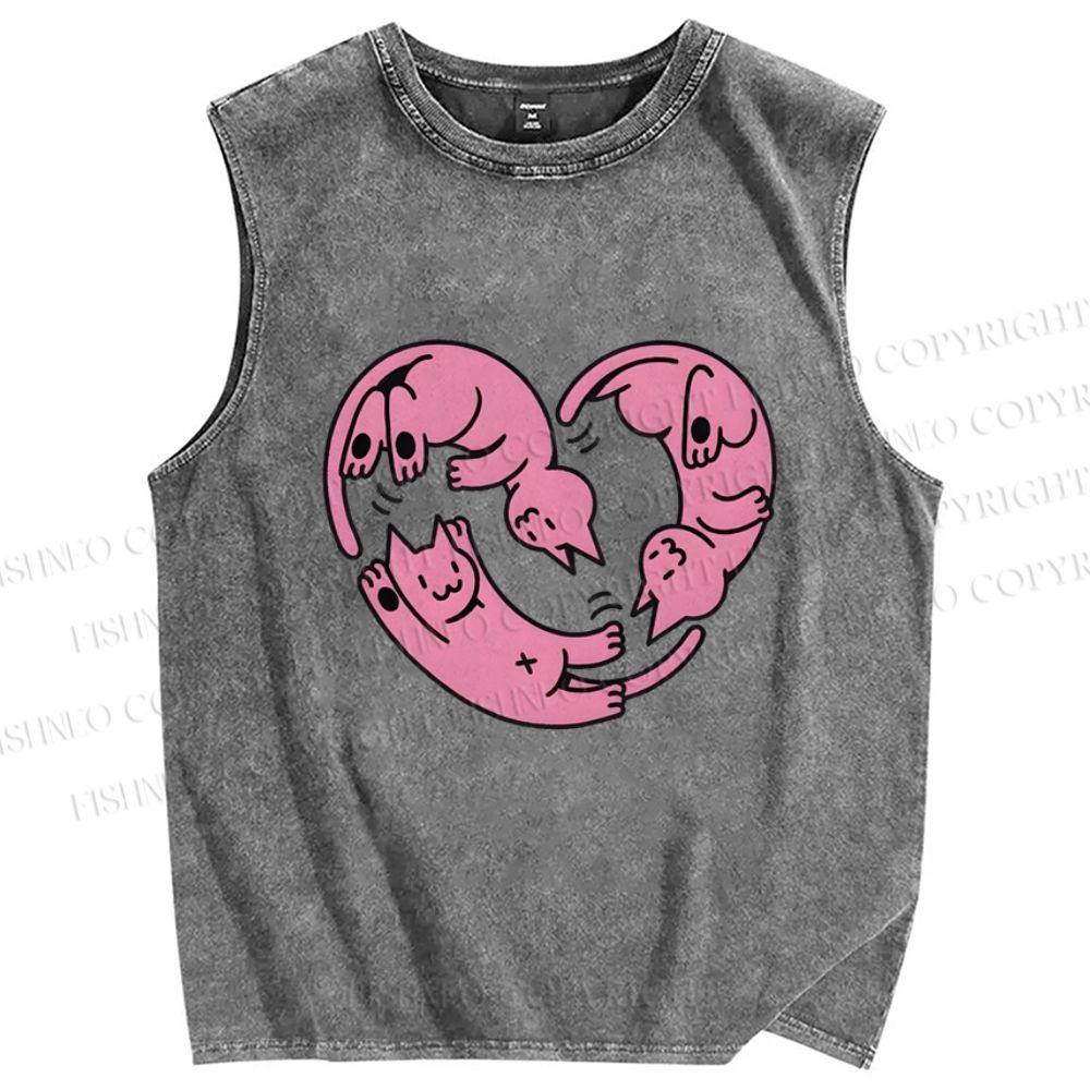 Unisex Pink Cat Printed Washed Tank Top