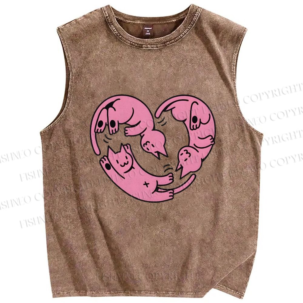 Unisex Pink Cat Printed Washed Tank Top