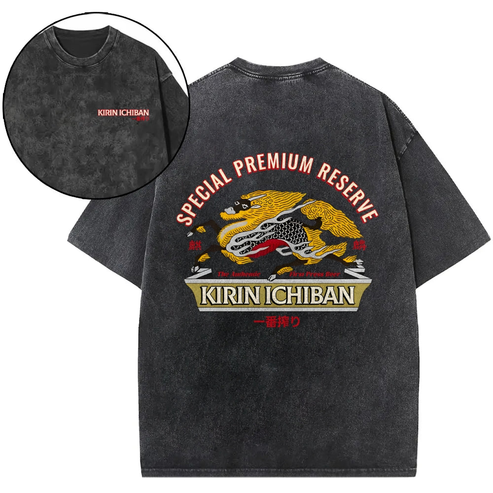 Kirin Beer Vintage Wash Japanese Design Back Art T-Shirt