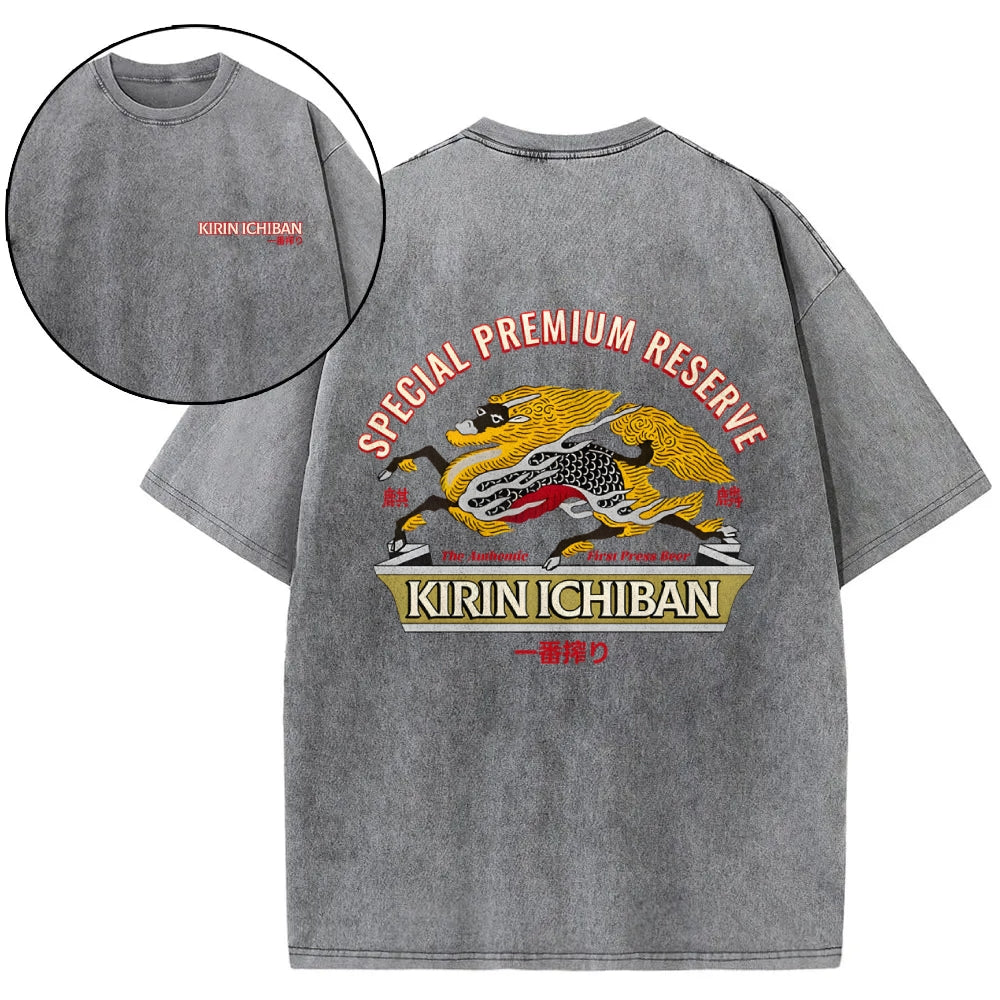 Kirin Beer Vintage Wash Japanese Design Back Art T-Shirt