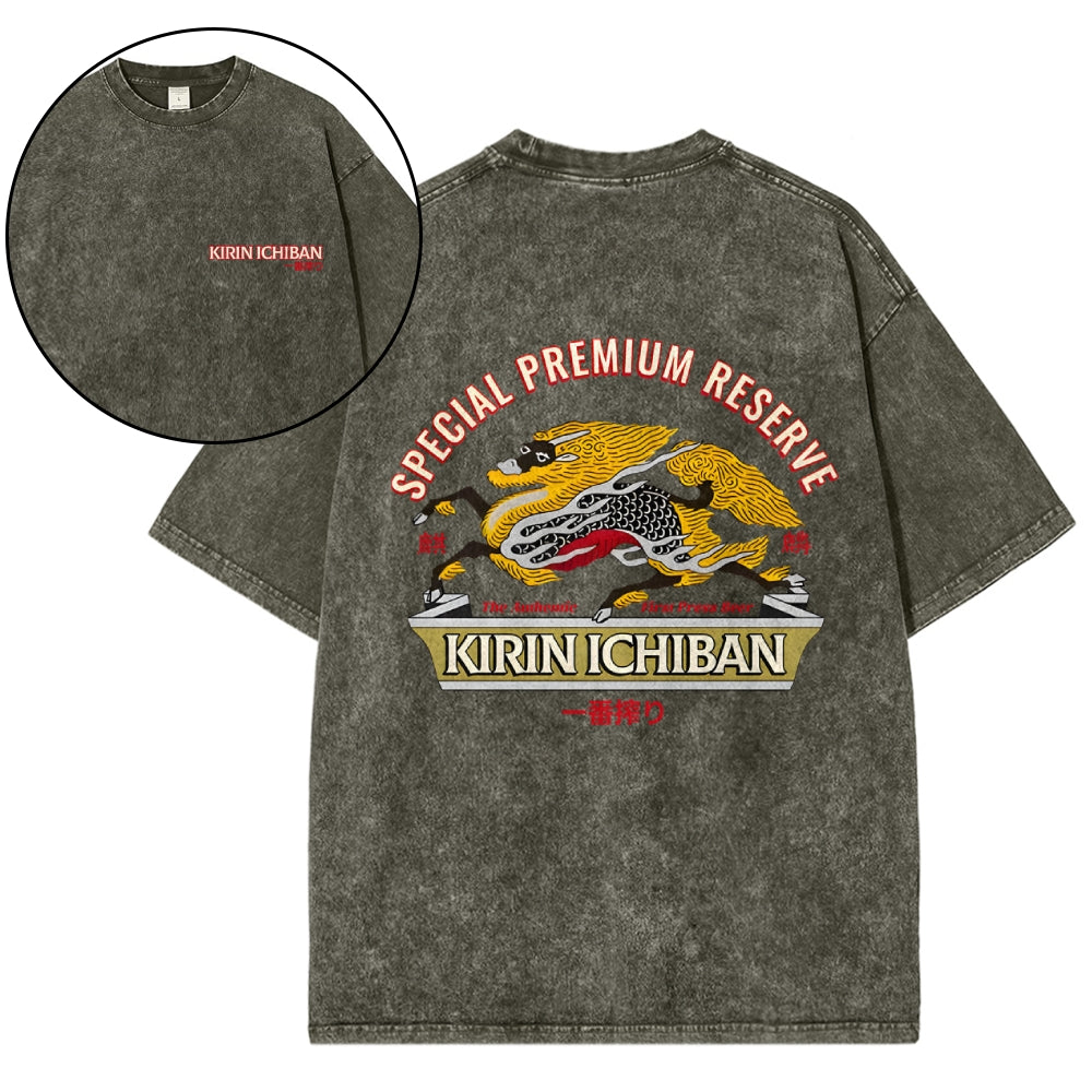 Kirin Beer Vintage Wash Japanese Design Back Art T-Shirt