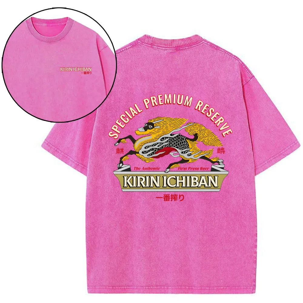 Kirin Beer Vintage Wash Japanese Design Back Art T-Shirt