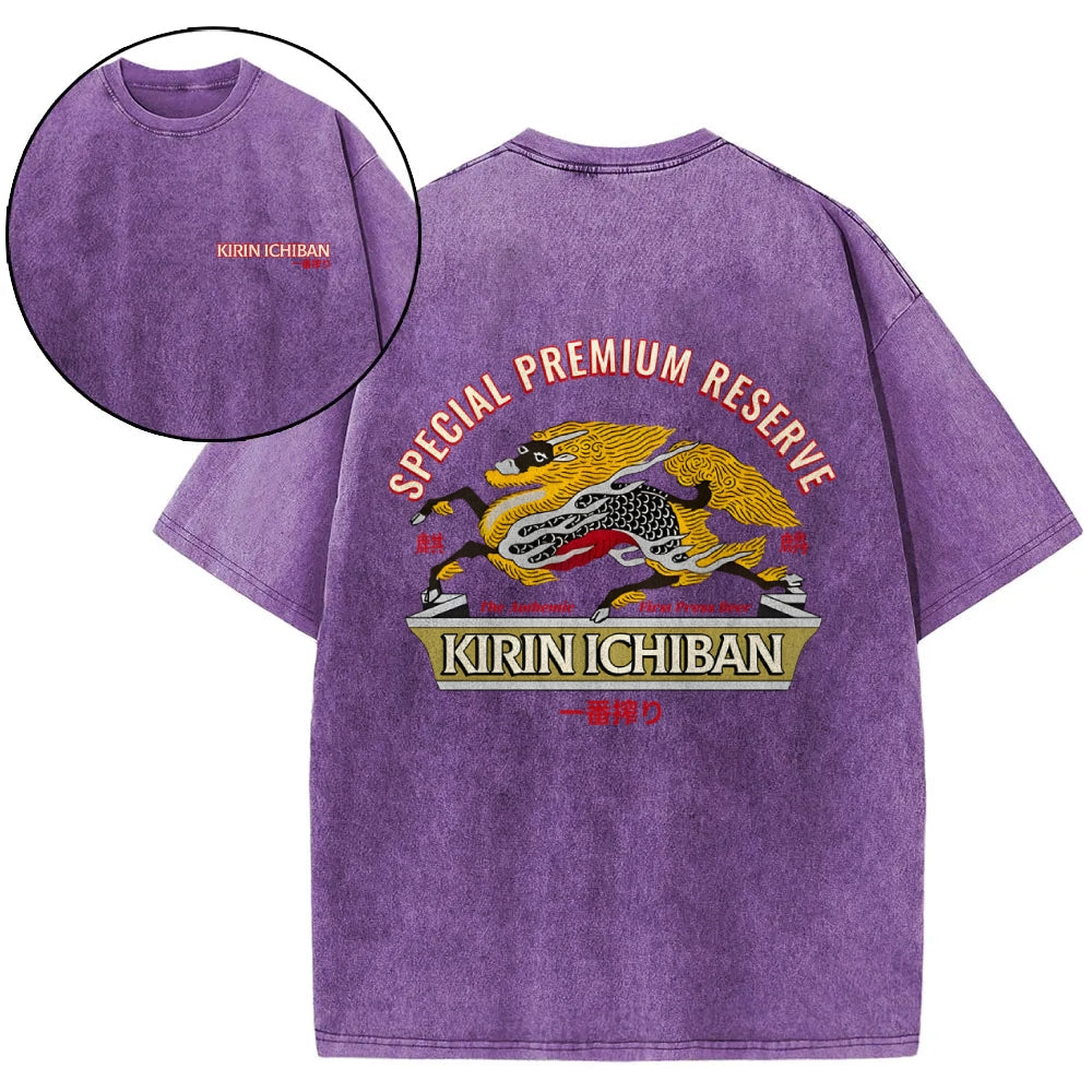 Kirin Beer Vintage Wash Japanese Design Back Art T-Shirt