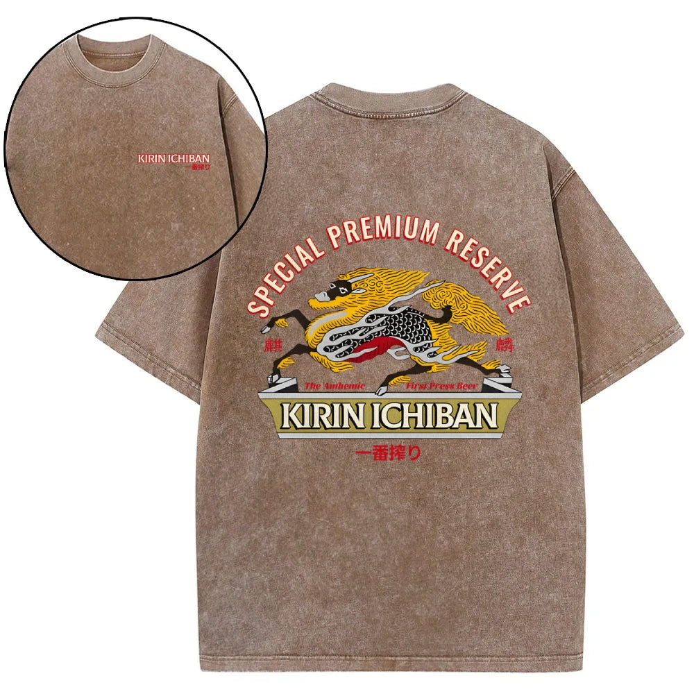 Kirin Beer Vintage Wash Japanese Design Back Art T-Shirt