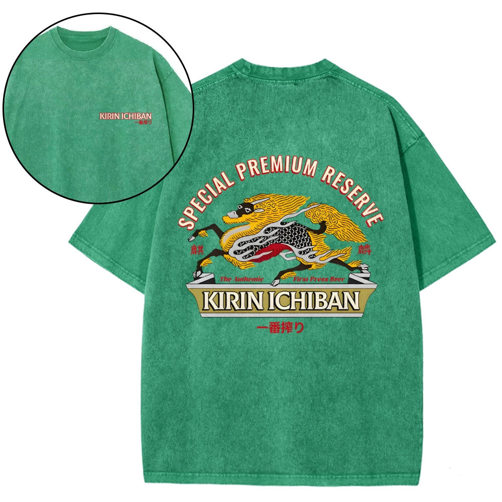 Kirin Beer Vintage Wash Japanese Design Back Art T-Shirt