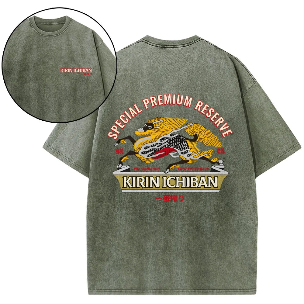 Kirin Beer Vintage Wash Japanese Design Back Art T-Shirt