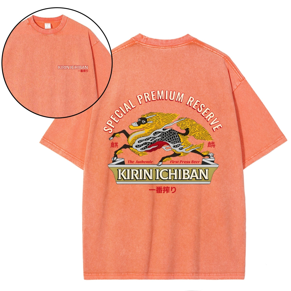 Kirin Beer Vintage Wash Japanese Design Back Art T-Shirt