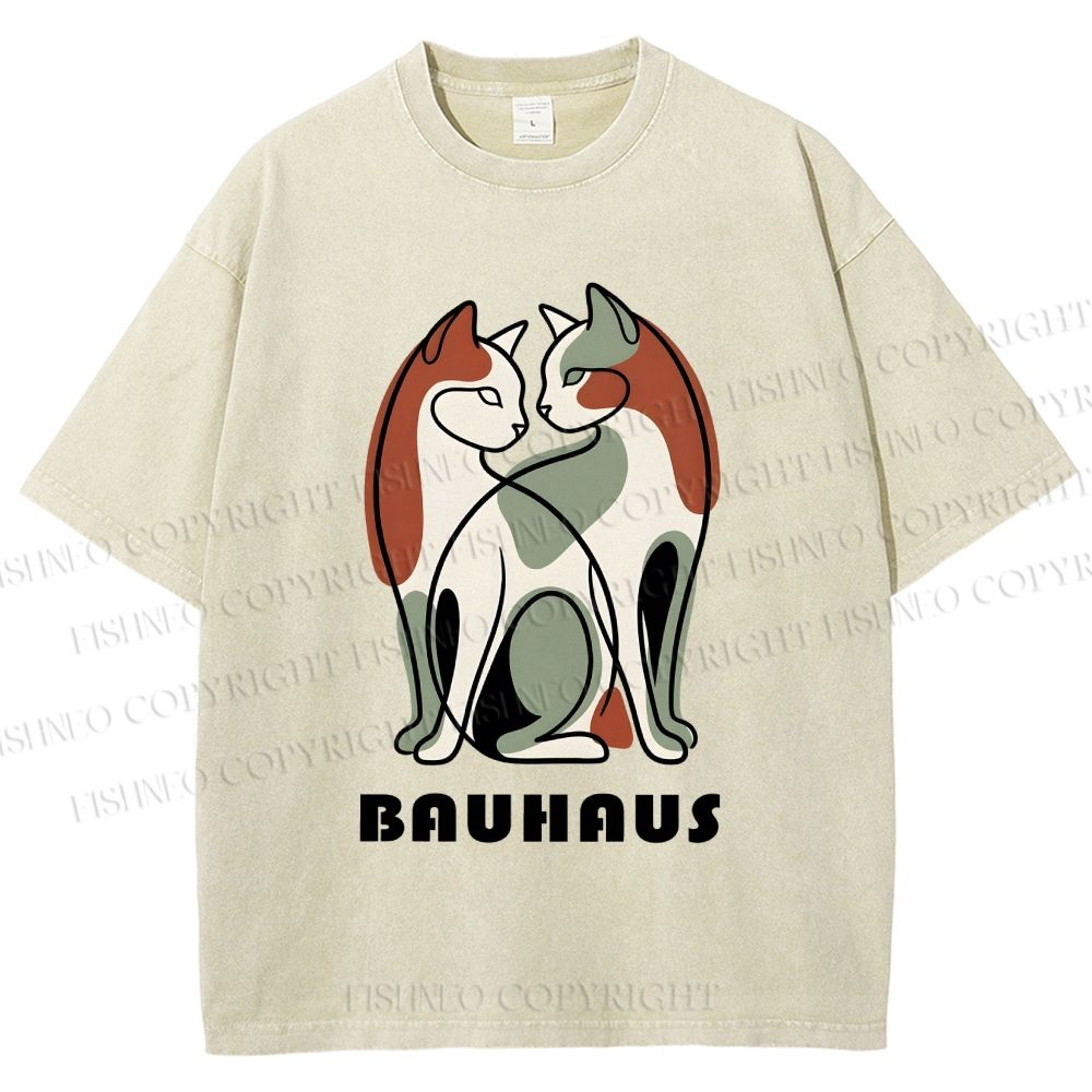 Unisex Bauhaus Colorful Cat Printed Washed Tee