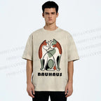 Unisex Bauhaus Colorful Cat Printed Washed Tee