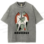 Unisex Bauhaus Colorful Cat Printed Washed Tee