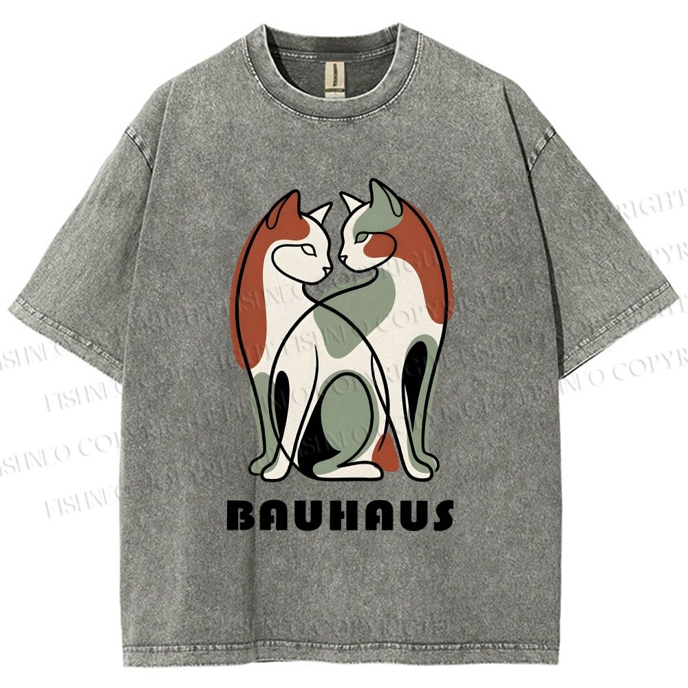 Unisex Bauhaus Colorful Cat Printed Washed Tee