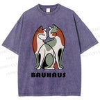 Unisex Bauhaus Colorful Cat Printed Washed Tee