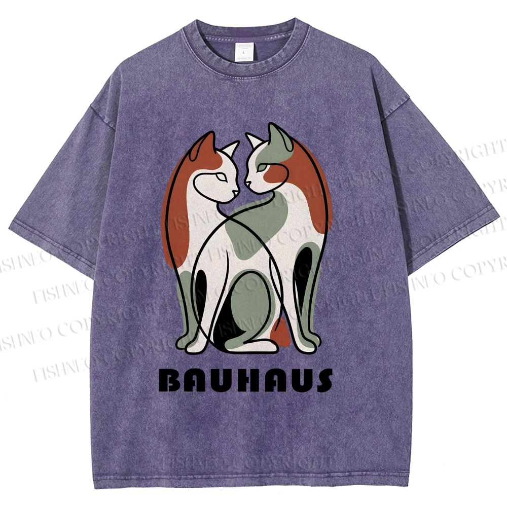 Unisex Bauhaus Colorful Cat Printed Washed Tee