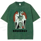 Unisex Bauhaus Colorful Cat Printed Washed Tee