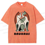 Unisex Bauhaus Colorful Cat Printed Washed Tee