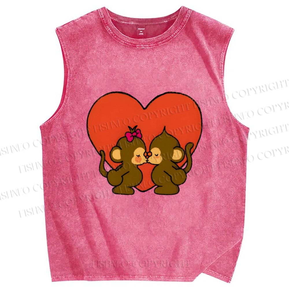 Unisex Monkey in Love Printed Washed Tank Top