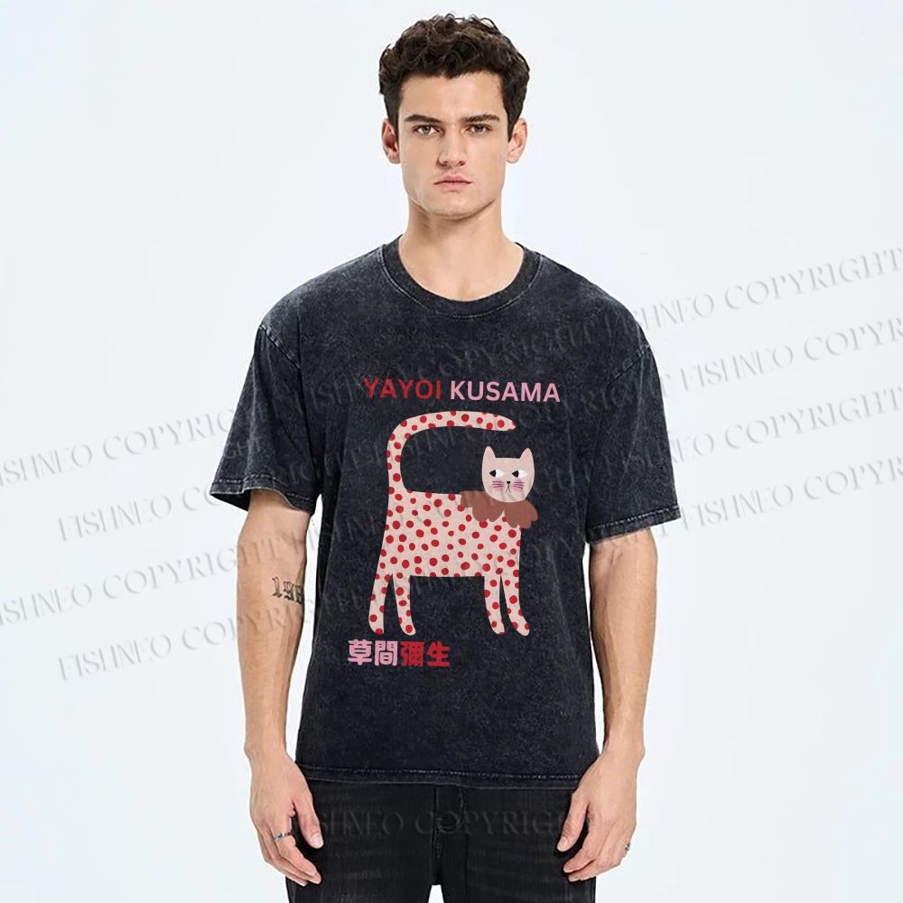 Unisex Yayoi Kusama Cat With Dots Printed Washed Tee
