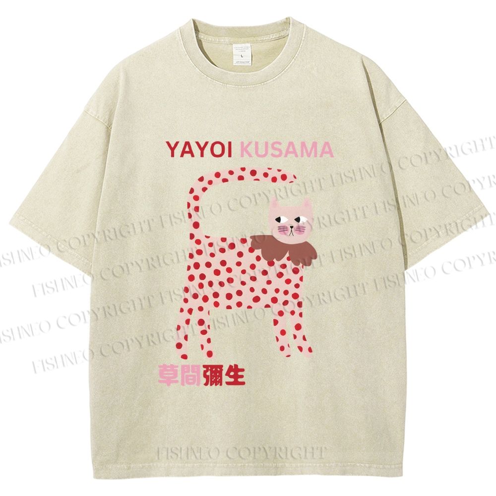 Unisex Yayoi Kusama Cat With Dots Printed Washed Tee