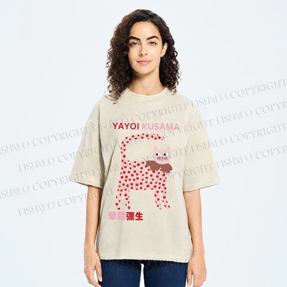 Unisex Yayoi Kusama Cat With Dots Printed Washed Tee