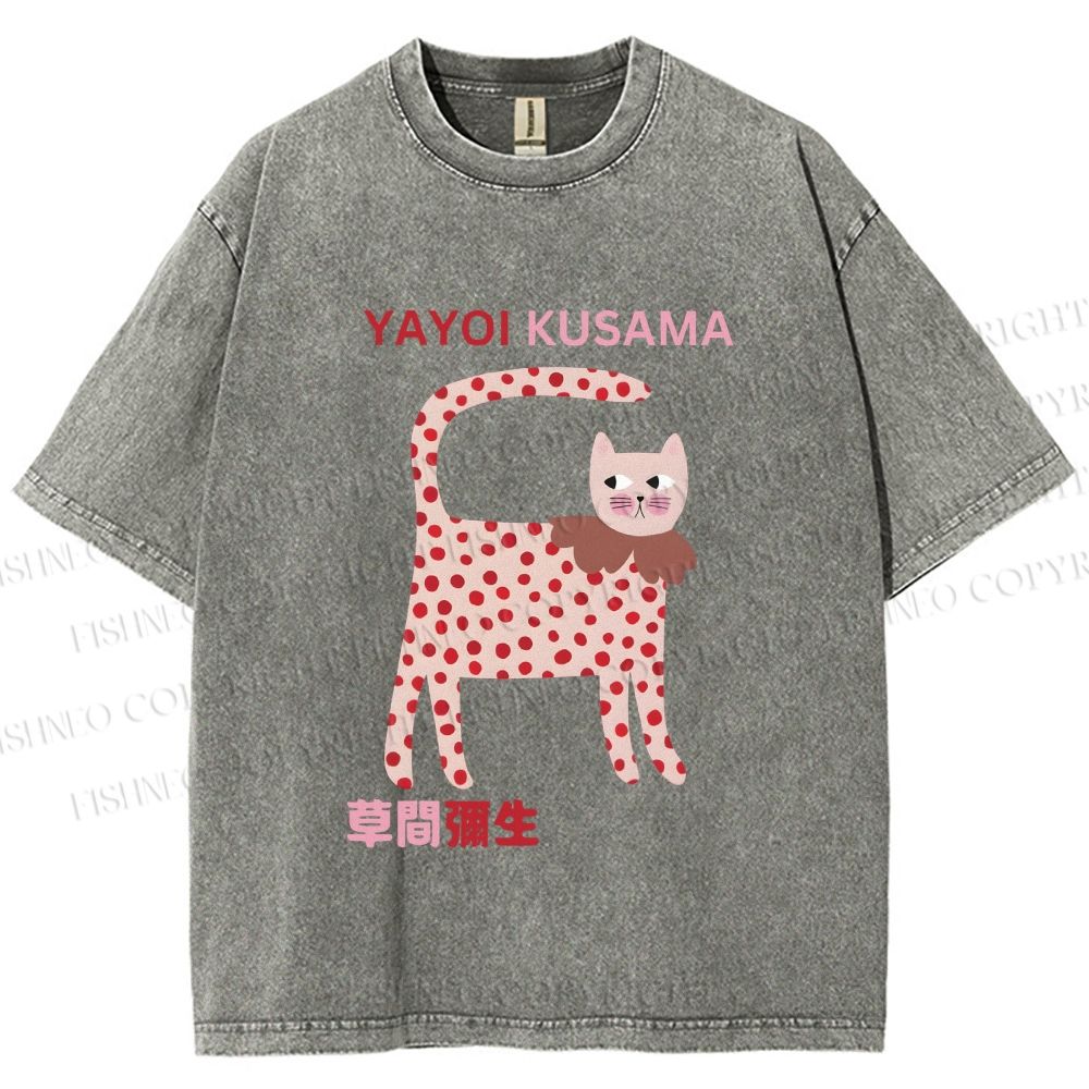 Unisex Yayoi Kusama Cat With Dots Printed Washed Tee