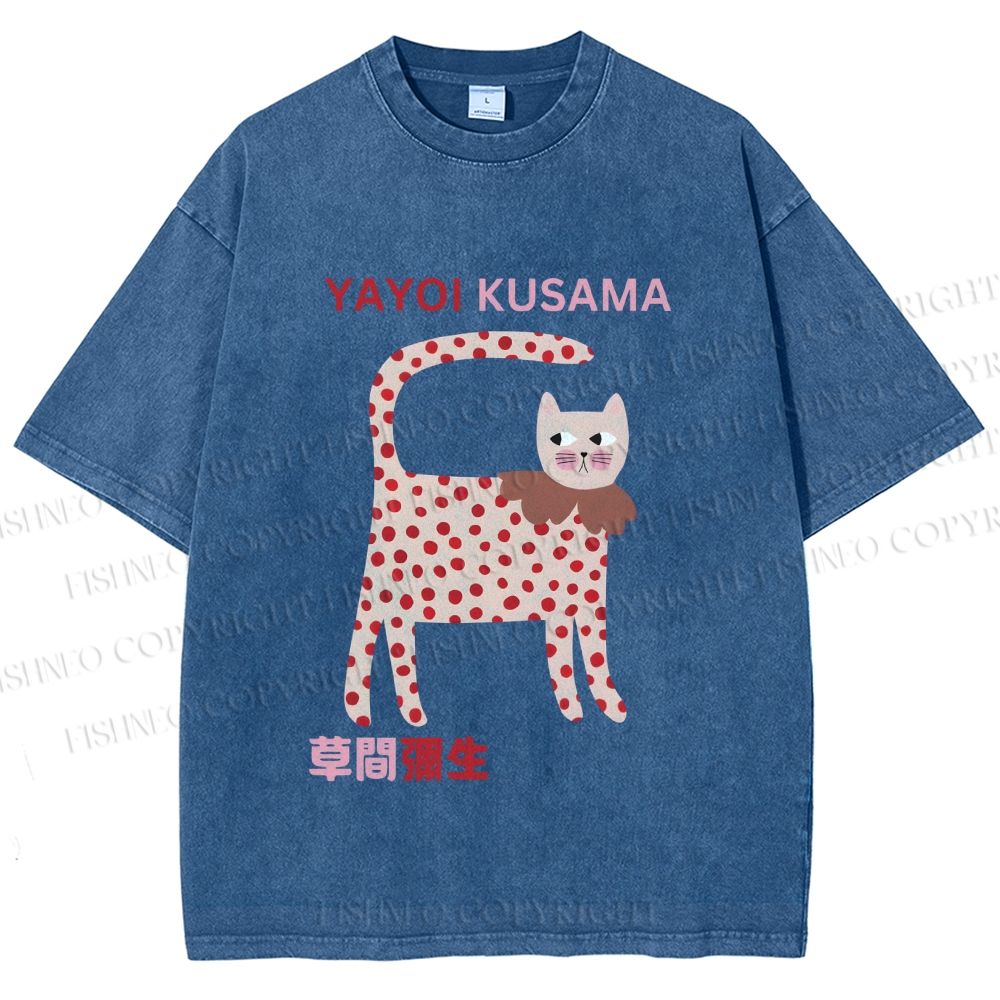Unisex Yayoi Kusama Cat With Dots Printed Washed Tee
