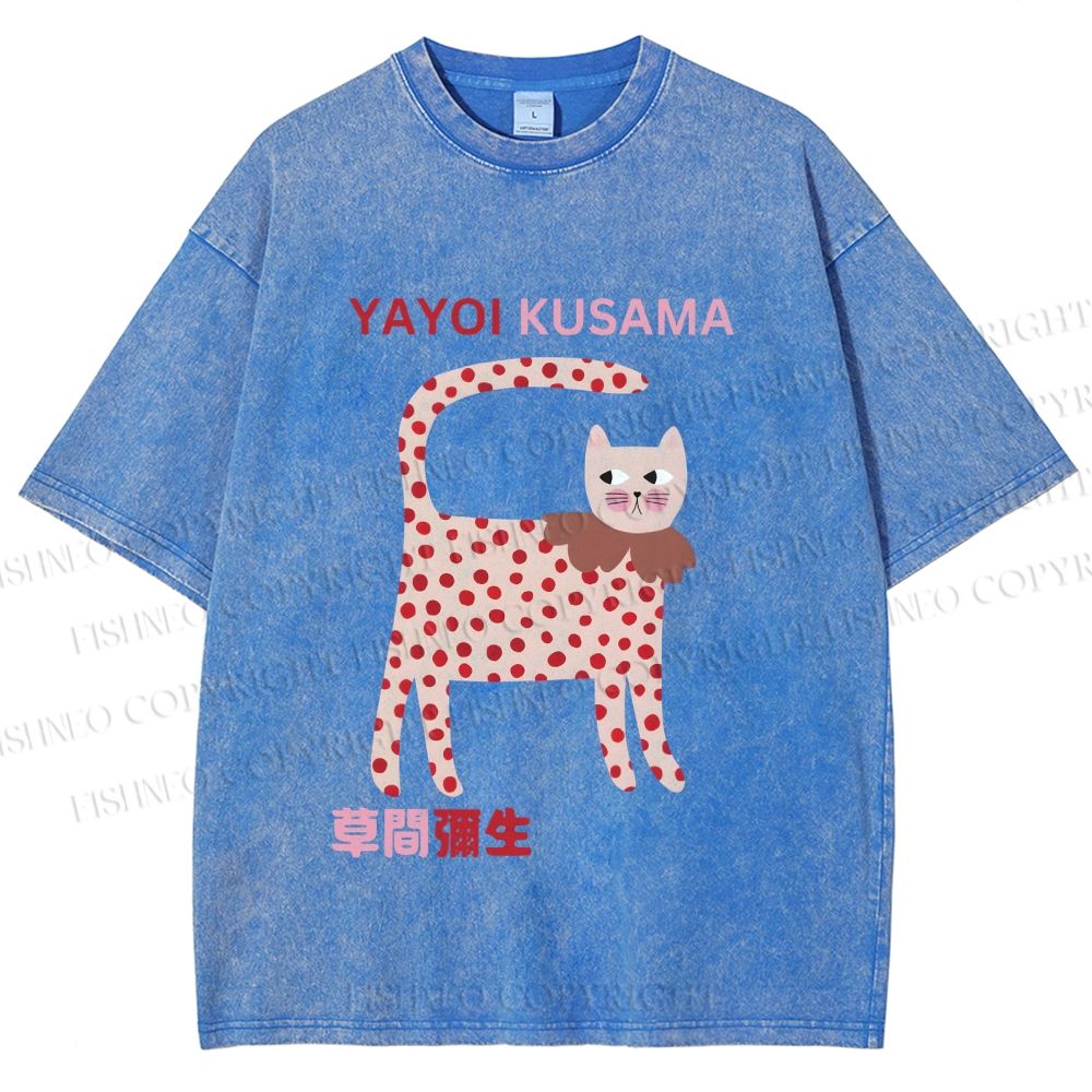 Unisex Yayoi Kusama Cat With Dots Printed Washed Tee