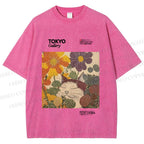 Unisex Cat in Flowers Poster Printed Washed Tee