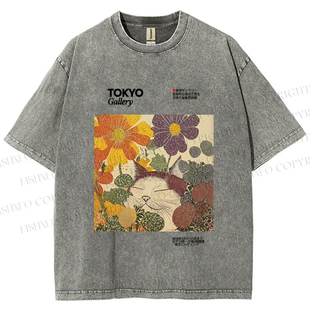 Unisex Cat in Flowers Poster Printed Washed Tee