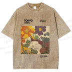 Unisex Cat in Flowers Poster Printed Washed Tee