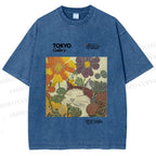 Unisex Cat in Flowers Poster Printed Washed Tee
