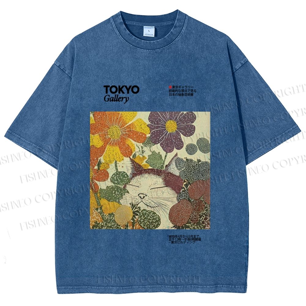 Unisex Cat in Flowers Poster Printed Washed Tee