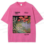 Unisex Mushroom Flowers Poster Printed Washed Tee
