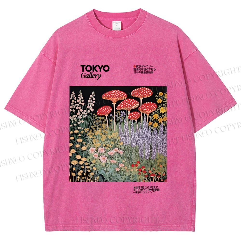 Unisex Mushroom Flowers Poster Printed Washed Tee