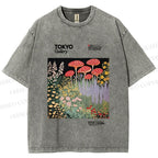 Unisex Mushroom Flowers Poster Printed Washed Tee