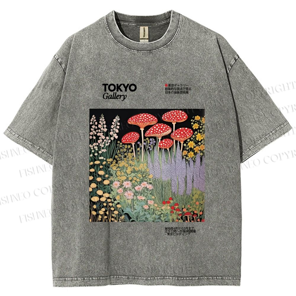 Unisex Mushroom Flowers Poster Printed Washed Tee