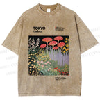 Unisex Mushroom Flowers Poster Printed Washed Tee