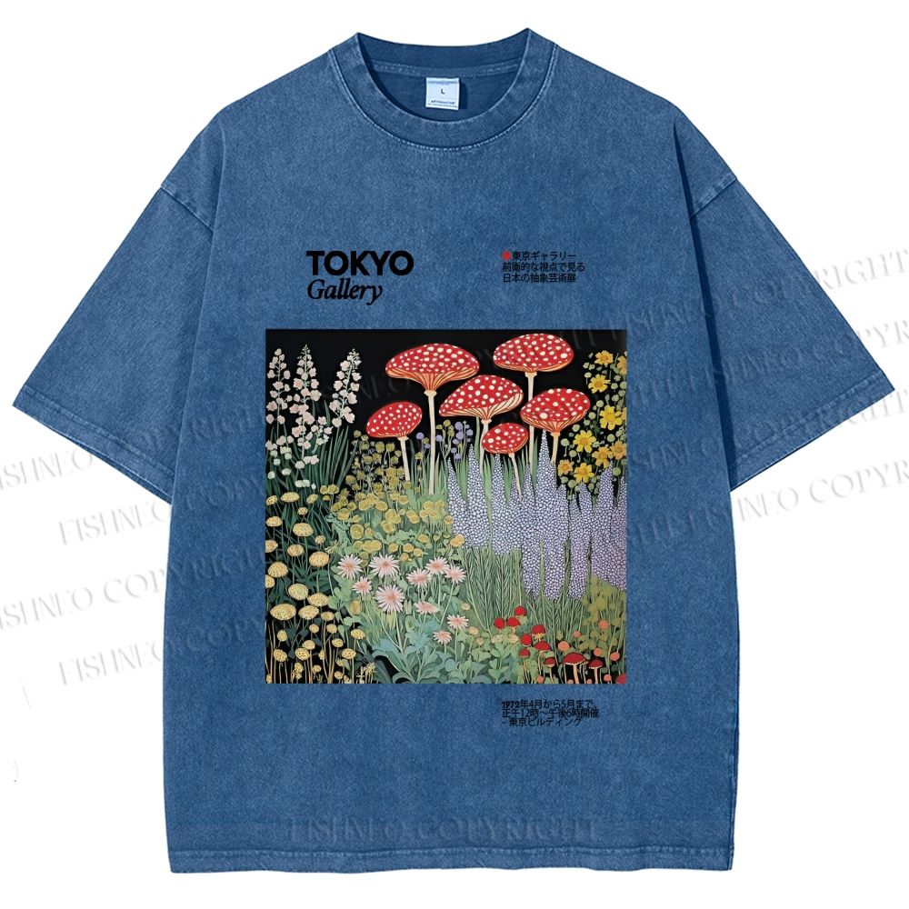 Unisex Mushroom Flowers Poster Printed Washed Tee