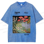 Unisex Mushroom Flowers Poster Printed Washed Tee