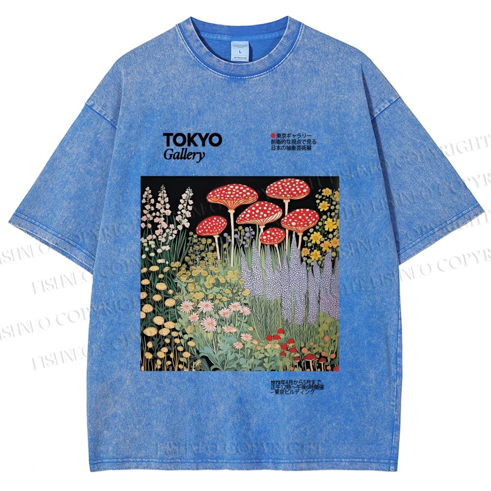 Unisex Mushroom Flowers Poster Printed Washed Tee