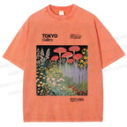 Unisex Mushroom Flowers Poster Printed Washed Tee