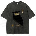 Unisex Ukiyo-e Night Owl Printed Washed Tee
