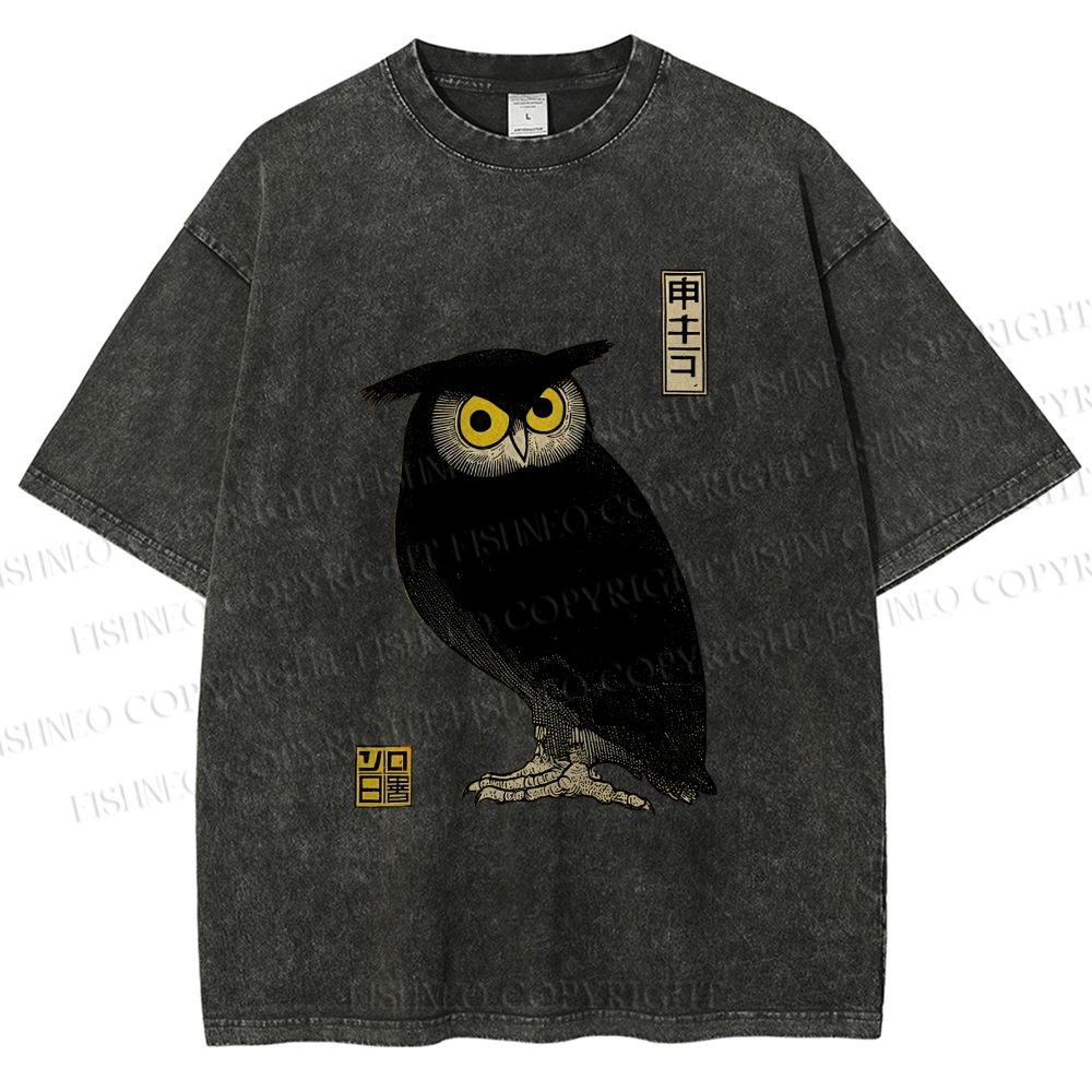 Unisex Ukiyo-e Night Owl Printed Washed Tee