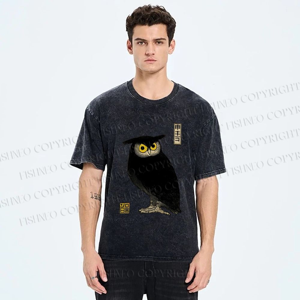 Unisex Ukiyo-e Night Owl Printed Washed Tee