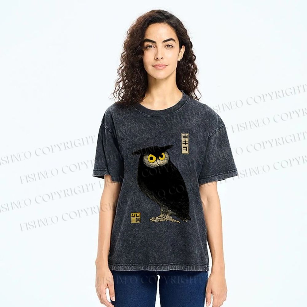 Unisex Ukiyo-e Night Owl Printed Washed Tee