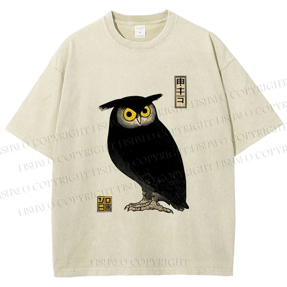 Unisex Ukiyo-e Night Owl Printed Washed Tee