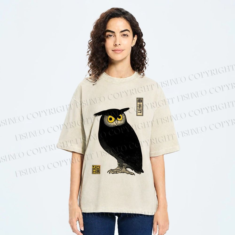 Unisex Ukiyo-e Night Owl Printed Washed Tee
