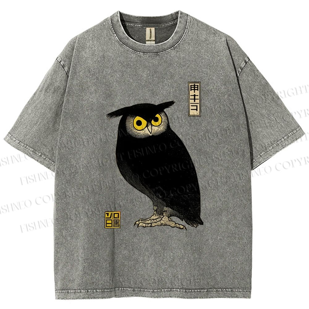 Unisex Ukiyo-e Night Owl Printed Washed Tee