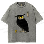 Unisex Ukiyo-e Night Owl Printed Washed Tee