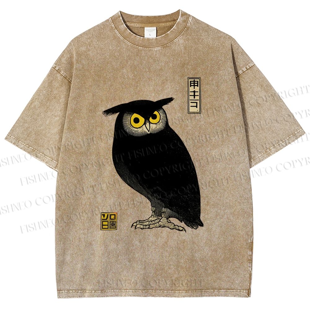 Unisex Ukiyo-e Night Owl Printed Washed Tee
